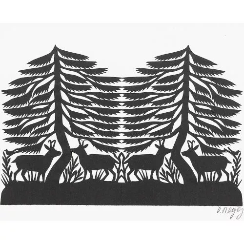 David Regez — Vier Gämse im Wald.