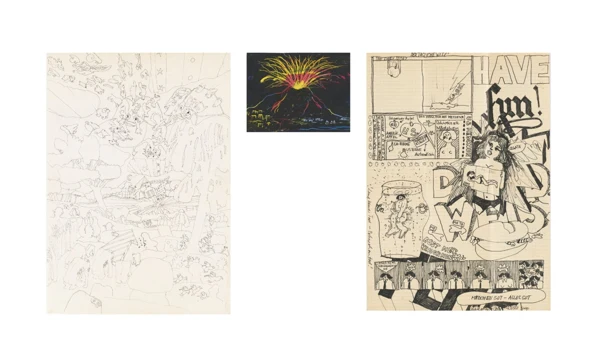David Weiss — Vulkan, 1978Acht Sänger und zwei Sängerinnen, um 1970 - recto/versoDer tägliche Witz, 1967 - recto/verso