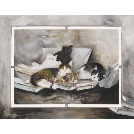 Katzenschar auf Büchern