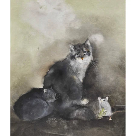 Katzenpaar neben Maus mit Buch