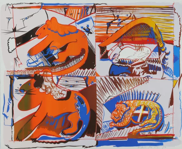 Dieter Roth — 2 Blätter: 4 Löwen (grün), 1973; 4 Löwen (orange), 1973