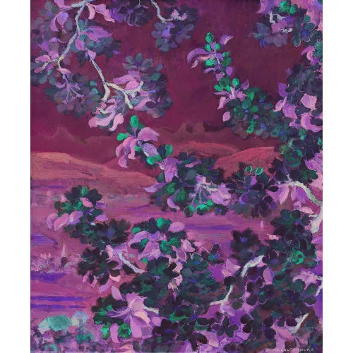 Dora Lauterburg — Kirschbaumblüten vor hügeliger Landschaft.