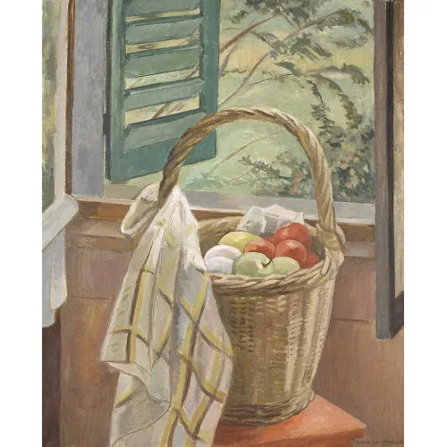 Dora Lauterburg — Stillleben mit Früchtekorb an offenem Fenster.