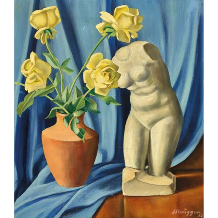 Stillleben mit Frauentorso und gelben Rosen