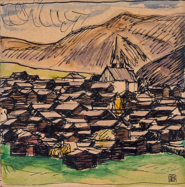 Edmond Bille — Village au pied d'une montagne