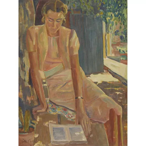 Lesende Frau auf der Veranda