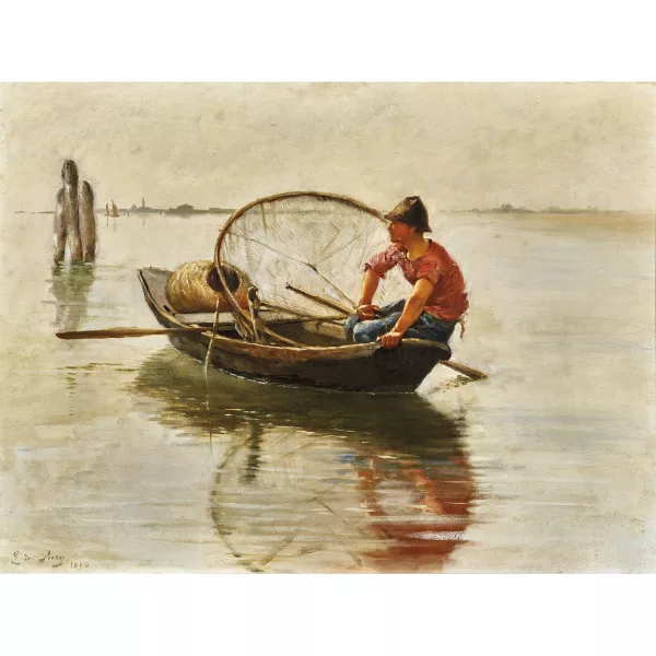 Edmond de Pury — Junger Fischer im Boot in der Lagune von Venedig.