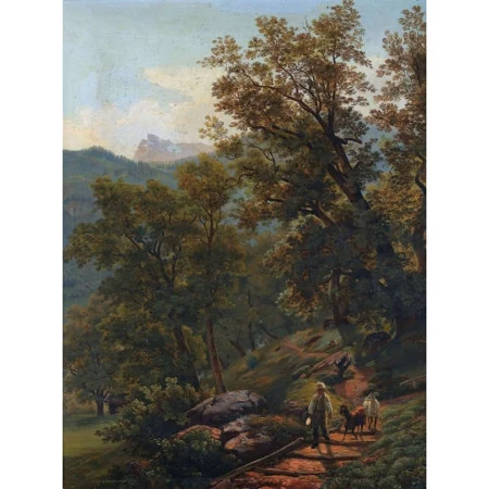 Hirte mit Ziegen in Berglandschaft