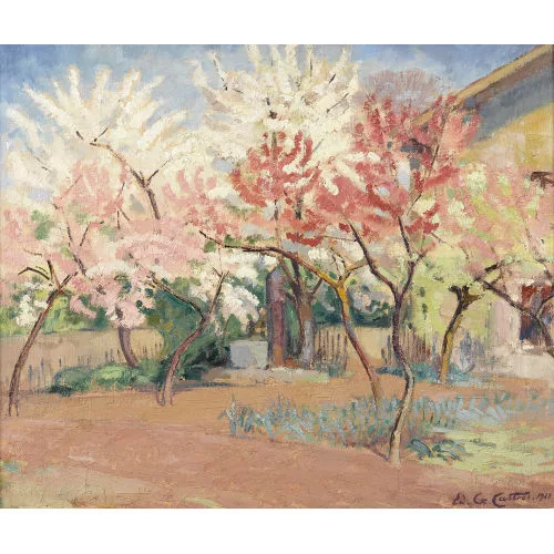 Edouard-Gaspard Castres — Blühende Obstbäume in Garten.