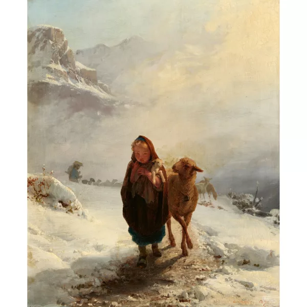 Edouard Henri Girardet — Junge Schafhirtin mit ihren Tieren in winterlicher Berglandschaft.