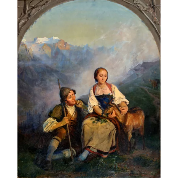 Edouard Henri Girardet — Junges Hirtenpaar mit Ziege vor Gebirgslandschaft.