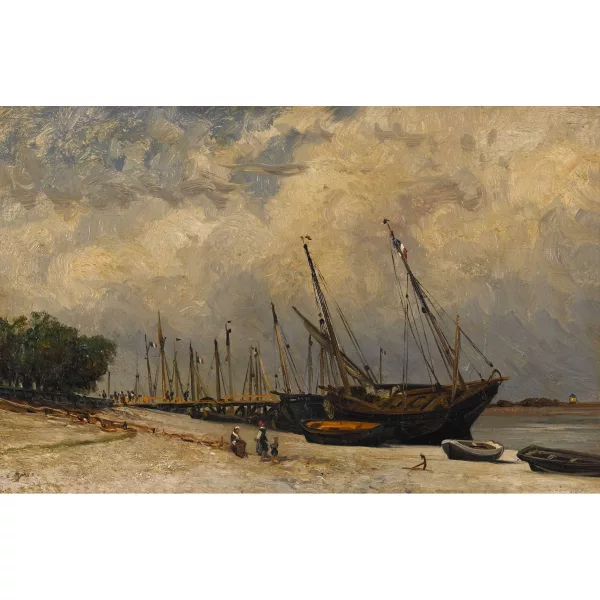 Edouard Imer — Strandpartie mit Segelbooten und Staffage.