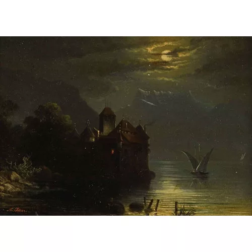 Edouard Imer — Château Chillon et Dents du Midi au clair de lune.