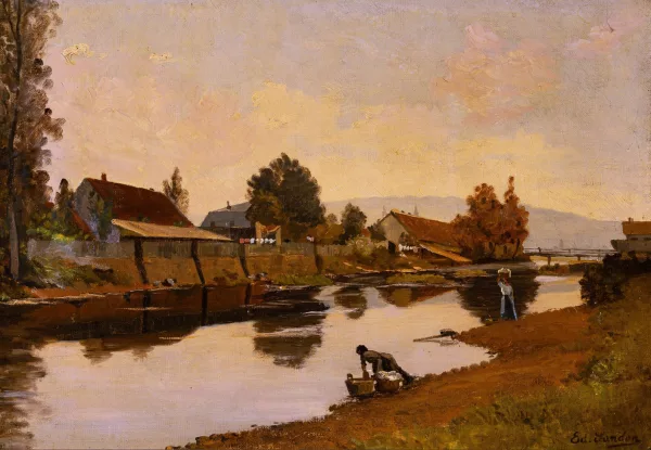 Edouard Marcel Sandoz — Flusslandschaft mit Figurenstaffage
