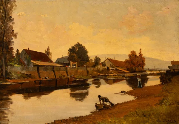 Edouard Marcel Sandoz — Flusslandschaft mit Figurenstaffage