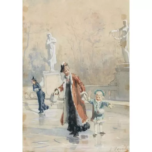 Eisvergnügen mit eleganter Dame und Mädchen