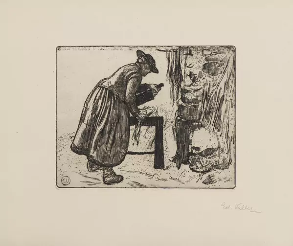 Edouard VALLET (1876-1929), "Paysanne battant le chanvre", eau-forte, — DognyAuction