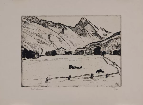 Édouard Vallet — 3 Blätter: Les Pyramides d'Euseigne; Les Haudères et La Dent Blanche; Evolène, aus "Schönheiten der Alpenstrassen, 1. Folge", 1927