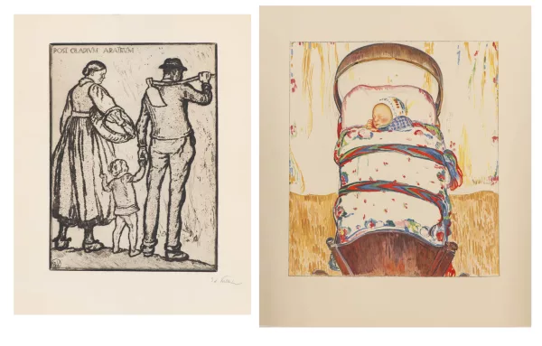 Édouard Vallet — Edouard VALLET (1876-1929) 'Post gladium aratrum', xylogravure & 'Le berceau', lithographie couleur