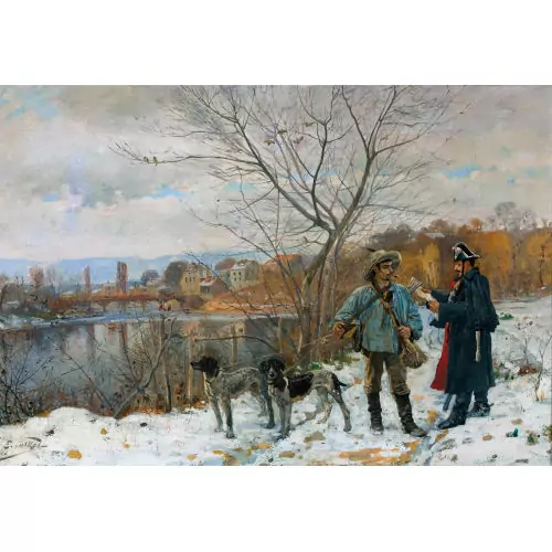 Gendarme et braconnier devant l′Arve et le pont de Carouge