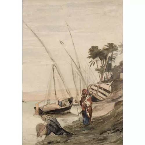 Personnages arabes et bateaux au bord d′un fleuve (Nil?)