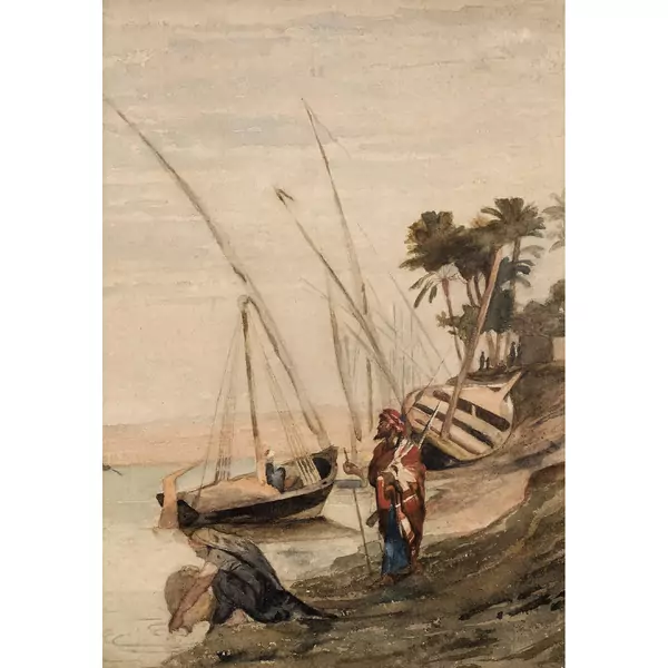 "Personnages arabes et bateaux au bord d'un fleuve (Nil?)"