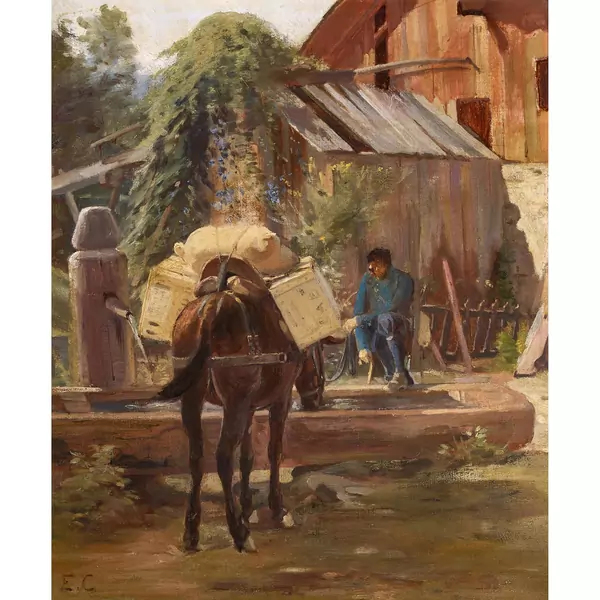Beladenes Pferd an der Tränke