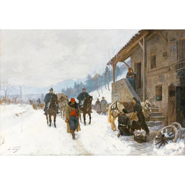 Edouard Castres — PAYSAGE EN HIVER AVEC SALTIMBANQUES, OURS SAVANTS ET DES GENDARMES À CHEVAL LANDSCAPE IN WINTER WITH JUGGLERS, DANCING BEARS AND GENDARMES ON HORSEBACK