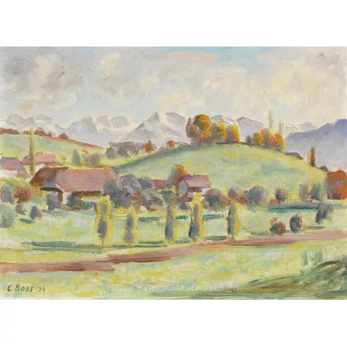 Eduard Boss — Hügelige Herbstlandschaft mit Berner Alpen.