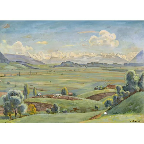 Eduard Boss — Berner Landschaft mit Alpenkette.