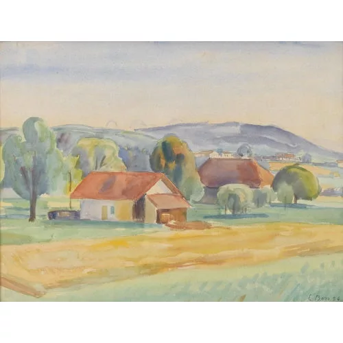 Eduard Boss — Feldlandschaft mit Bauernhäusern im Sommer.