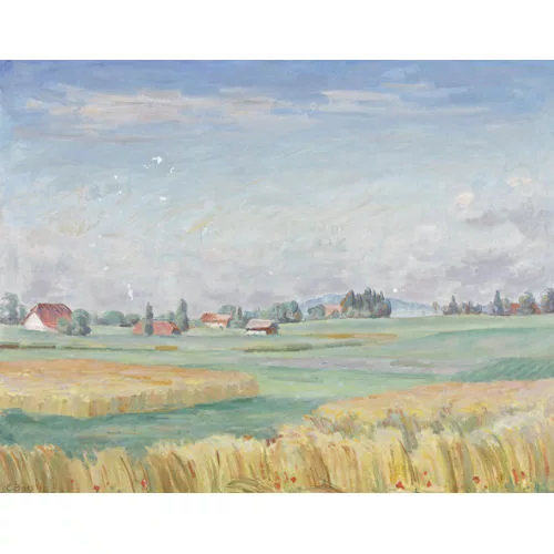 Eduard Boss — Sommerliche Feldlandschaft mit Bauernhäusern.