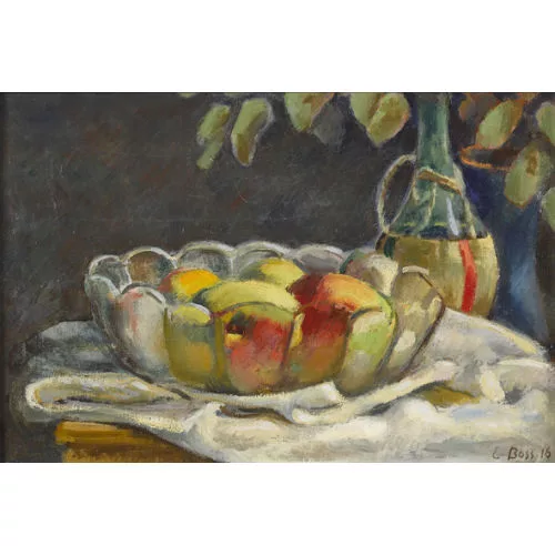 Eduard Boss — Stillleben mit Fruchtschale und Weinflasche.