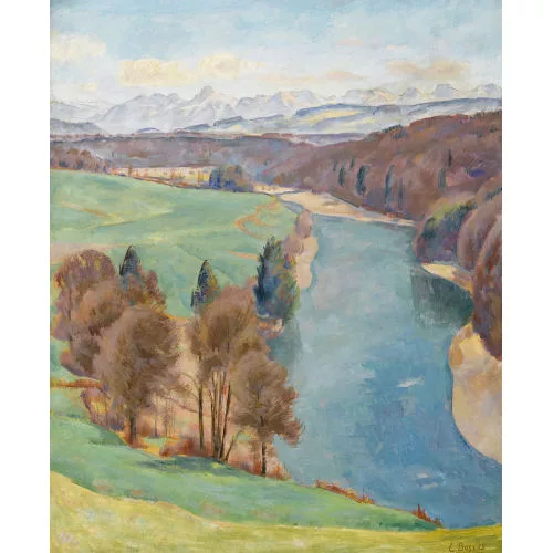 Eduard Boss — Aare bei Bremgarten mit Alpensicht.