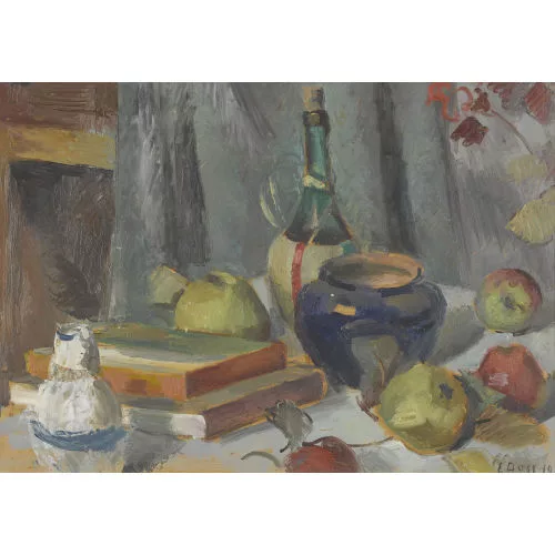 Eduard Boss — Stillleben mit Äpfeln, Büchern und Gefässen.