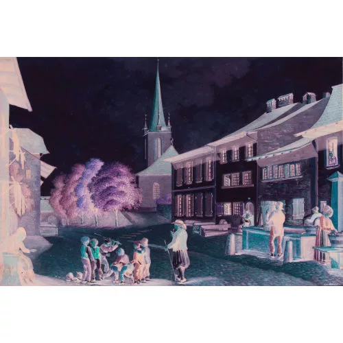 Eduard Kinkelin — Strassenpartie in Murten mit spielenden Kindern.