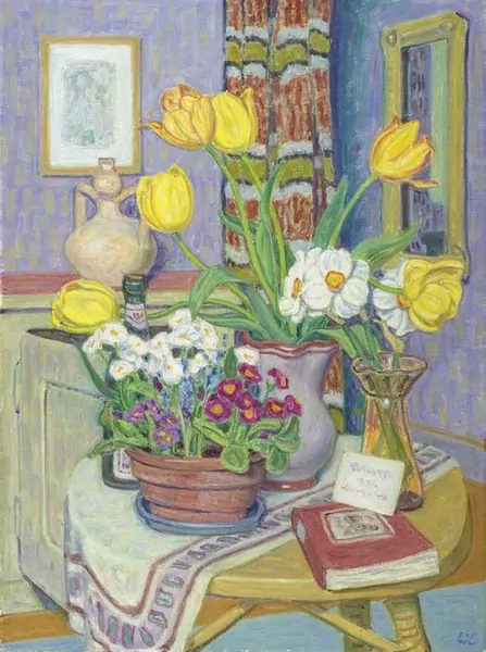 EDUARD GUBLER — Stilleben Blumenstock, Blumenvase, Buch, Blumen. — Koller Auktionen