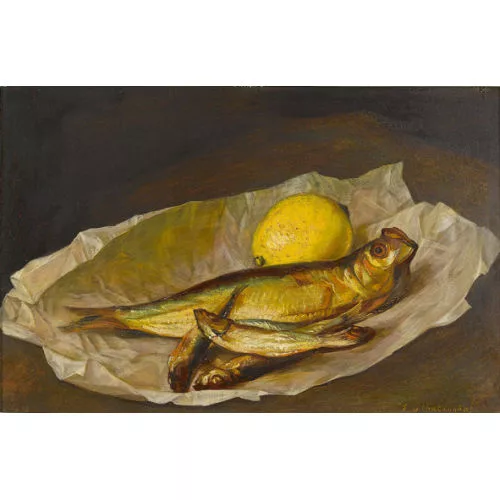 Egon von Vietinghoff — Stillleben mit Fischen und Zitrone auf Wachspapier.