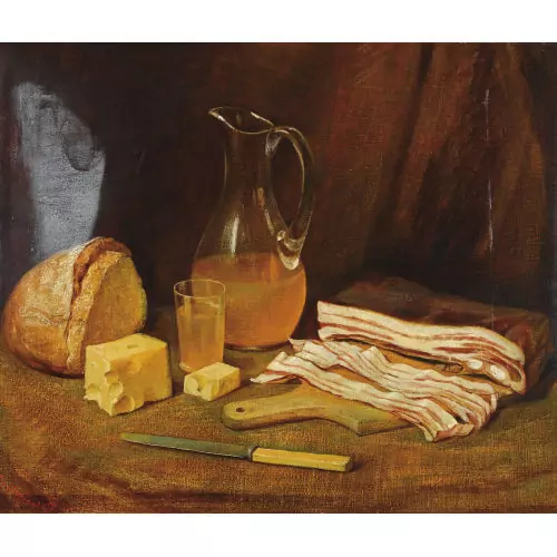 Stillleben mit Speck, Käse, Brot und Karaffe