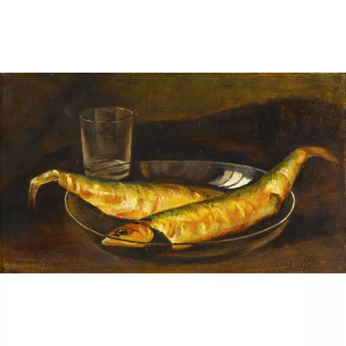 Stillleben mit Fischen in Glasschale