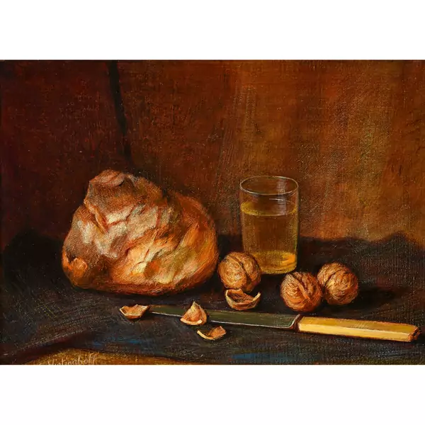 Stillleben mit Walnüssen, Brot und Glas