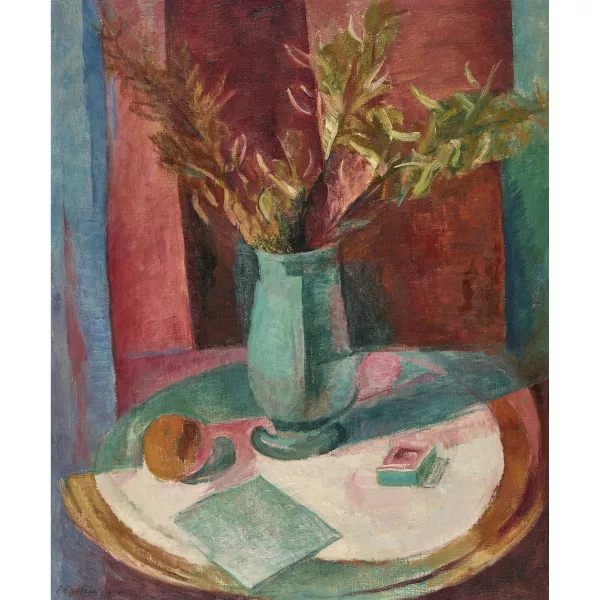 Elisabeth Epstein-Hefter — Tischstillleben mit Farnzweigen in einer Vase.