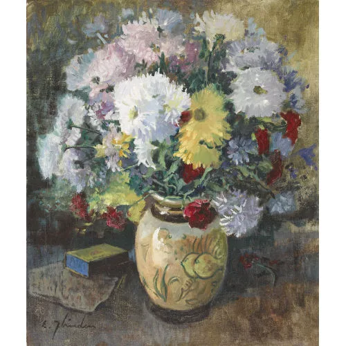 Ellis Zbinden — Stillleben mit Blumen und Streichholzschachtel.