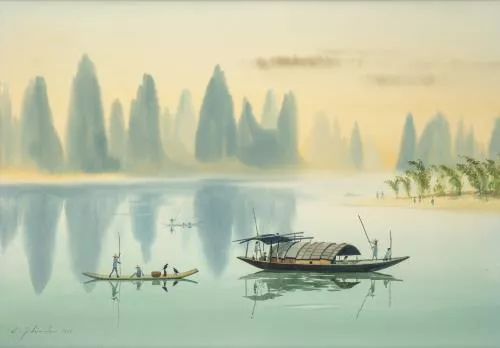Ellis Zbinden (1921) "La vie sur les barques de Guilin". — DognyAuction