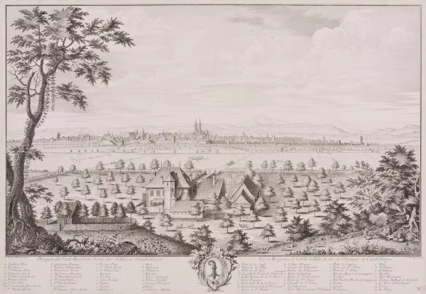 Emanuel Büchel — Prospect der Statt Basel Von Seiten der Schlösser Gundeldingen." Radierung von Johann Martin Weis in Strassburg, 1743