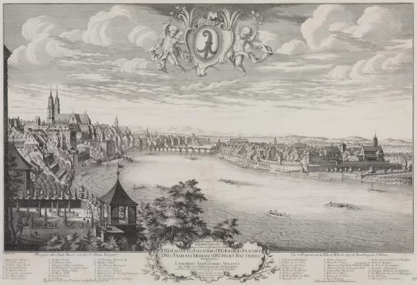 Emanuel Büchel — Prospect der Statt Basel von der St.Alban Vorstatt" und "Prospect der Statt Basel von Seiten der Vestung Hüningen." Zwei Radierungen von Johann Martin Weis in Strassburg, 1743 und 1744