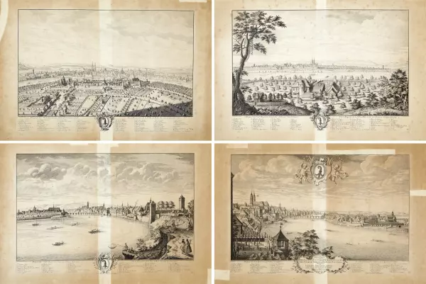 Prospect der Statt Basel von der St. Alban Vorstatt/Prospect der Statt Basel von Seiten der Vestung Hüningen/Prospect der Statt Basel von Seiten der Schlösser Gundeldingen