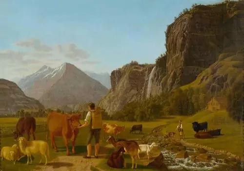 EMANUEL RUDOLF BIEDERMANN — Hirte mit Tieren beim Reichenbachfall Hasliberg. — Koller Auktionen