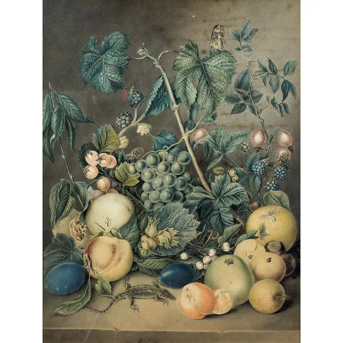 Emanuel Steiner — Früchtestillleben mit Eidechse.