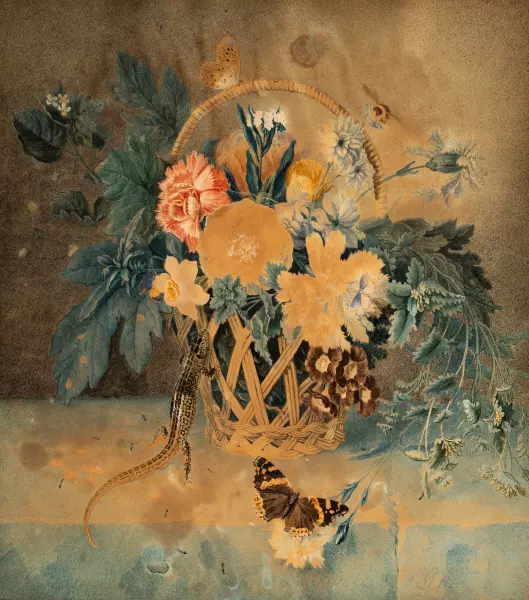 Stillleben mit Blumen und Schmetterlingen